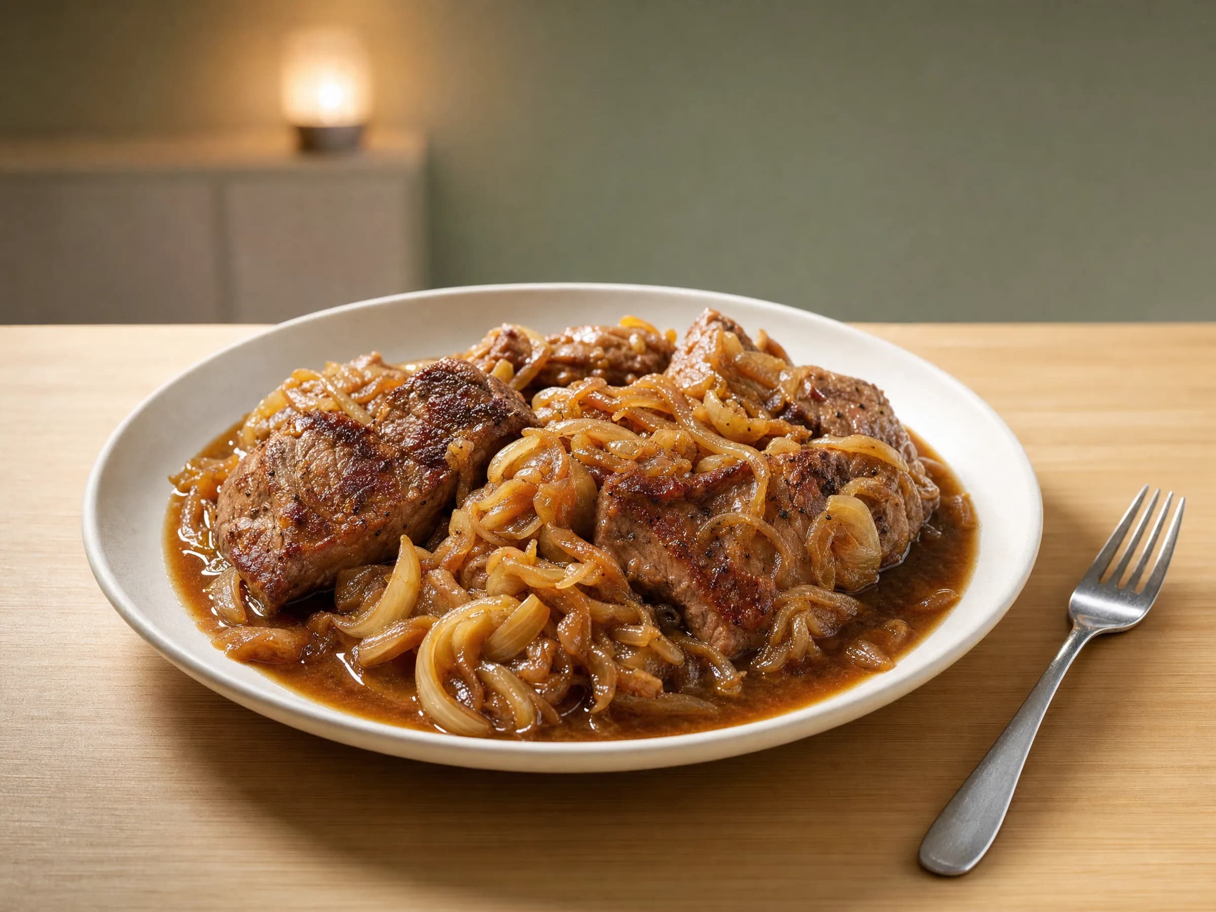 Zwiebelfleisch aus dem Backofen mit Schweinenacken Rezeptfoto Zwiebelfleisch aus dem Backofen mit Schweinenacken fertig angerichtet