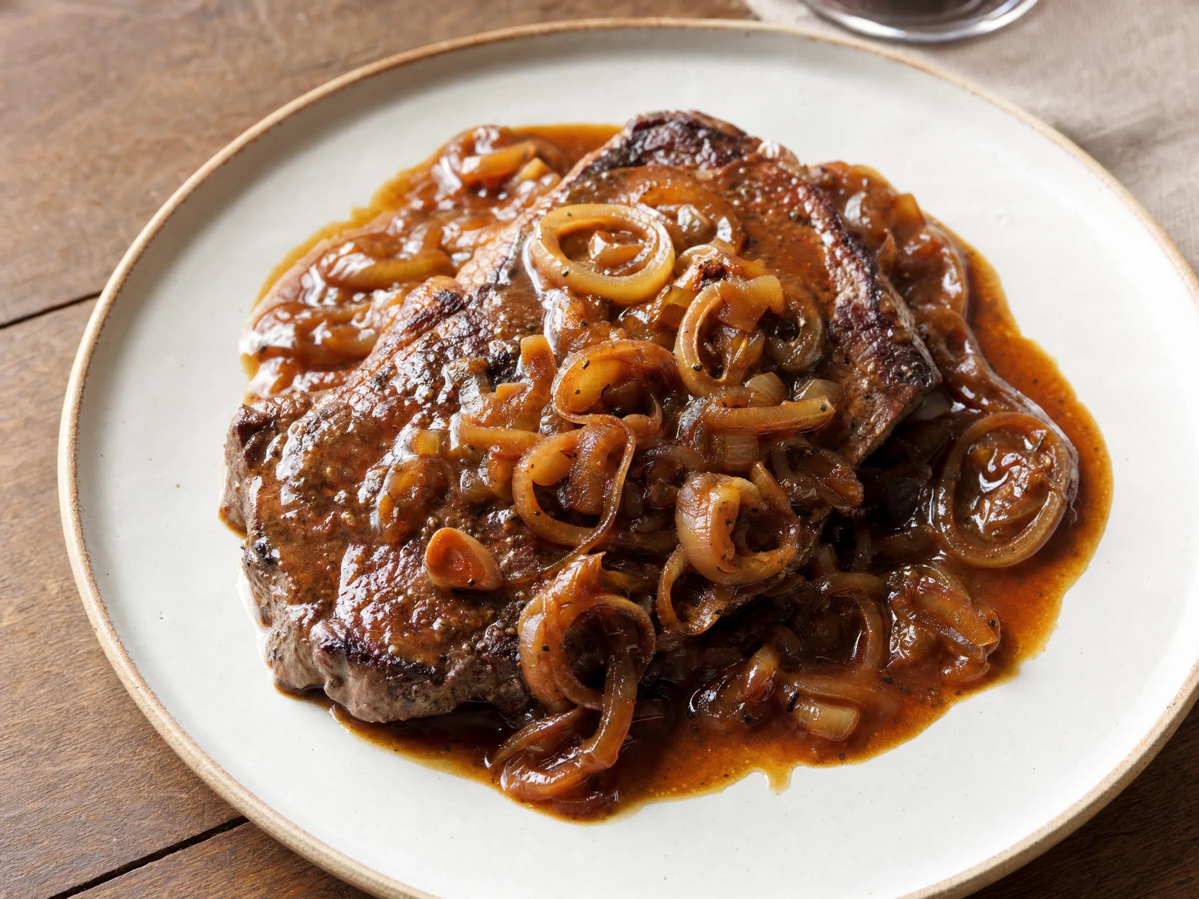 Zwiebelrostbraten schwäbisch mit Rumpsteak und Röstzwiebeln Rezeptfoto Zwiebelrostbraten schwäbisch mit Rumpsteak und Röstzwiebeln fertig angerichtet