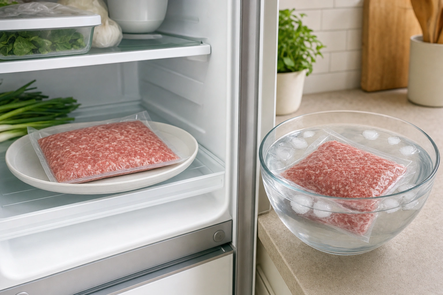 Realistische Bildanleitung zu „Hackfleisch auftauen: schnell, gleichmäßig und sicher“