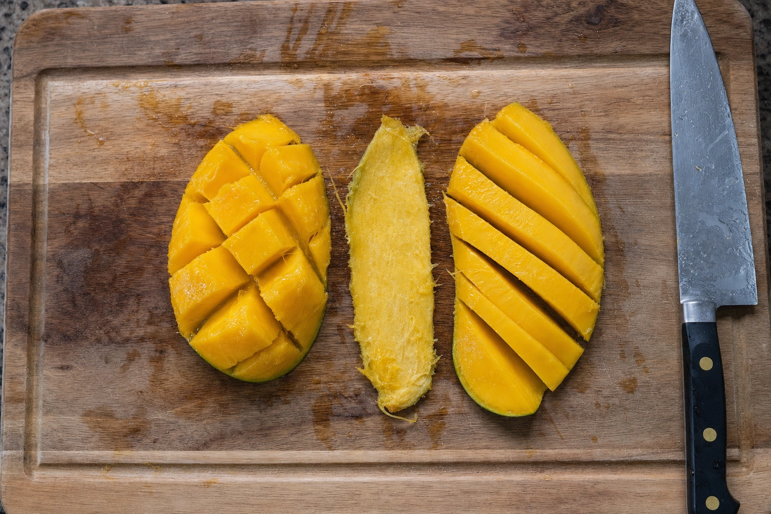 Realistische Bildanleitung zu „Mango schneiden: Würfel, Scheiben und saubere Filets“