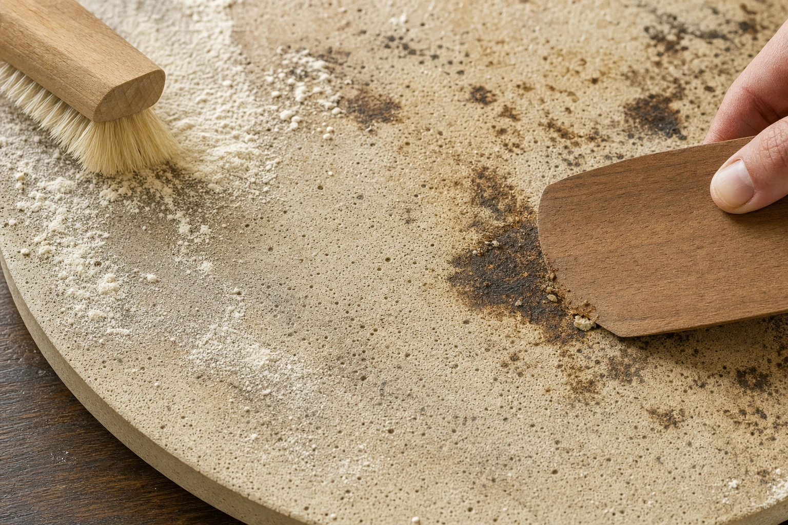 Realistische Bildanleitung zu „Pizzastein reinigen: Flecken lösen ohne Risse“