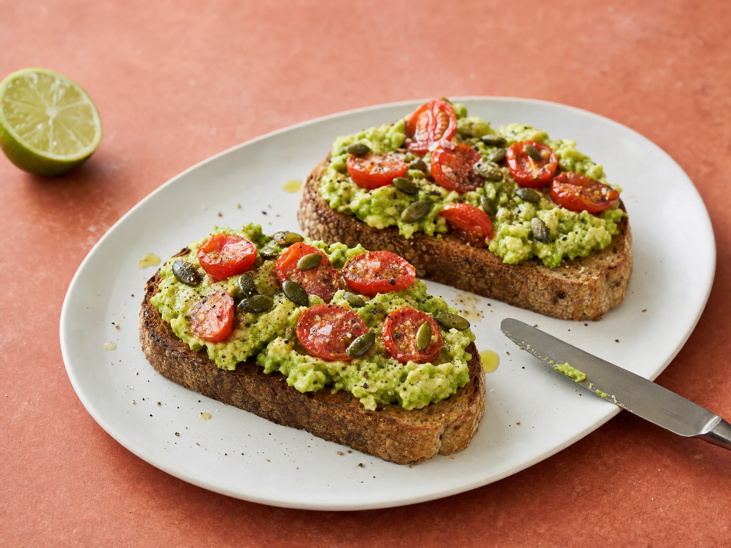 Avocado-Brot mit Limette und Tomaten, bestreut mit Kürbiskernen