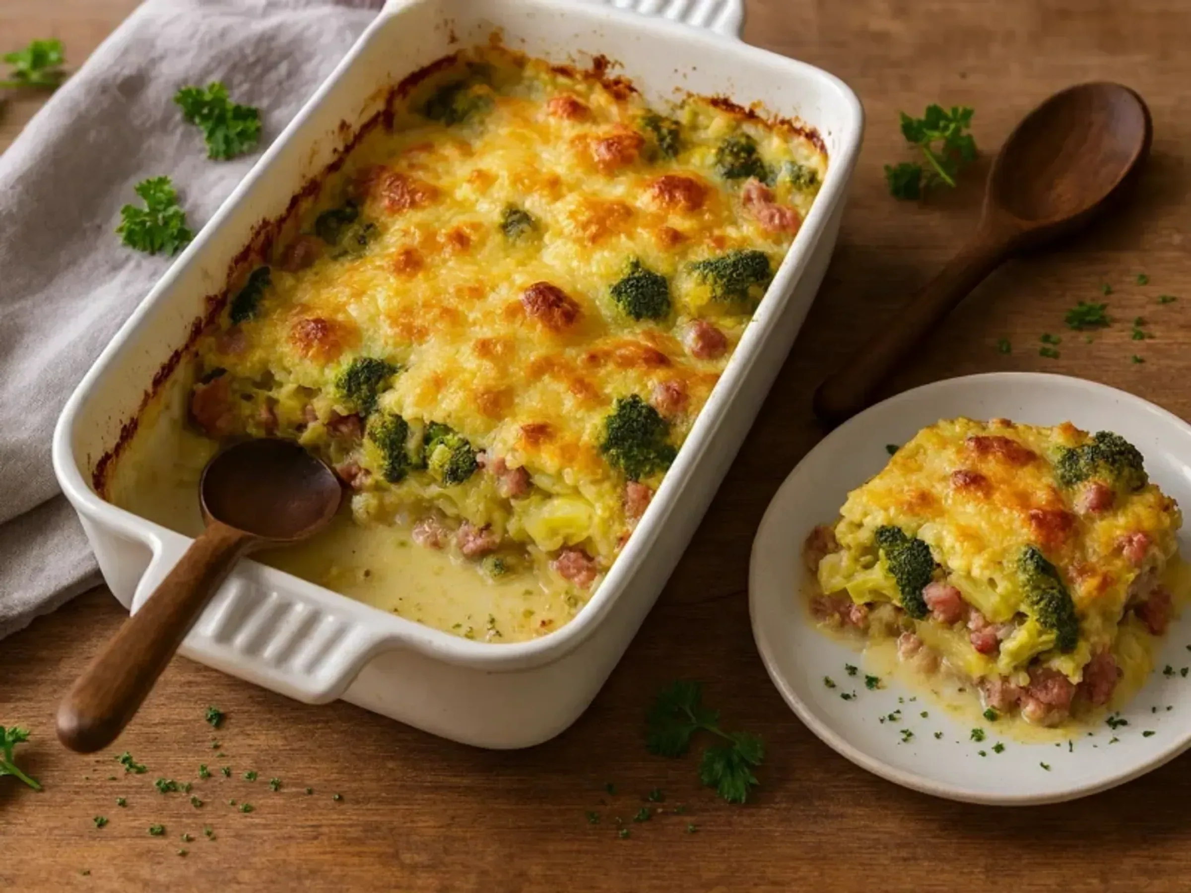 Brokkoli‑Kartoffelauflauf mit grober Wurst