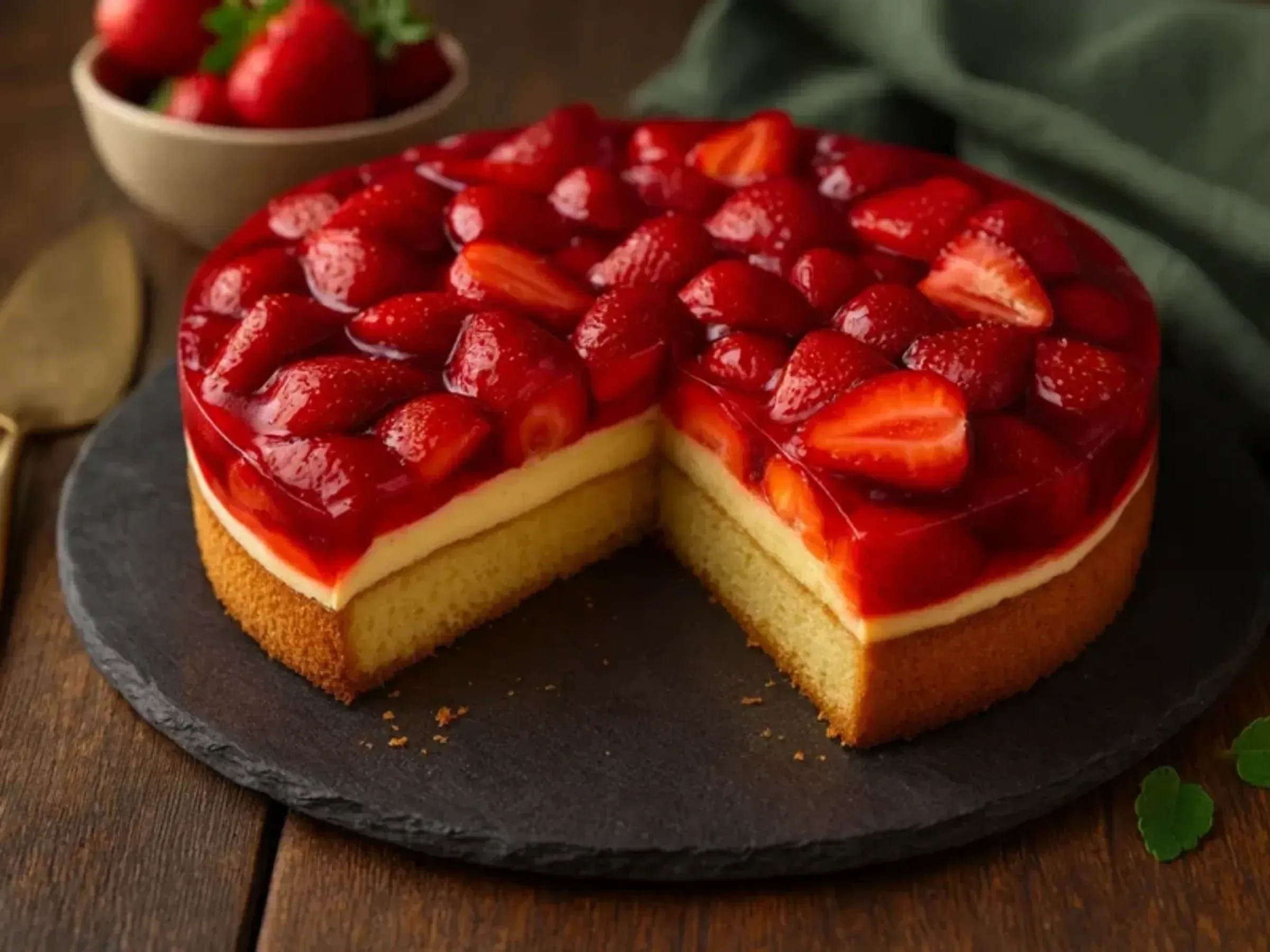 Erdbeerkuchen mit Pudding – klassisch mit Mürbeteigboden