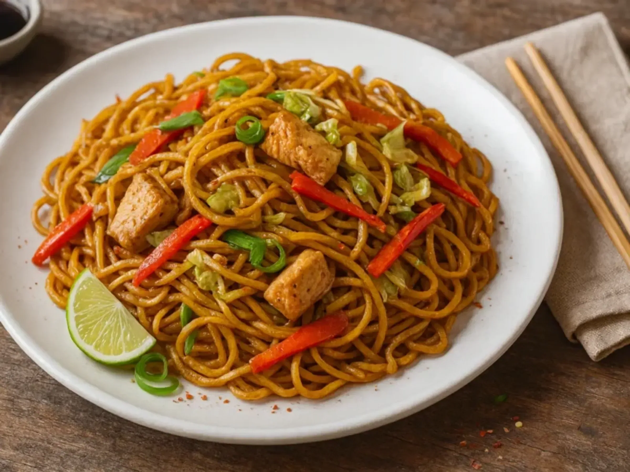 Gebratene Nudeln mit Hühnchen – wie vom Asia-Imbiss