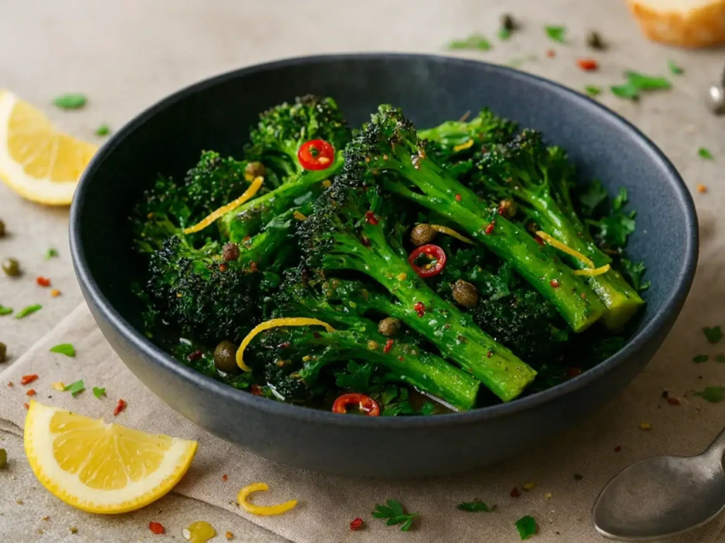 Gerösteter Wilder Brokkoli mit Zitrone, Chili und Kapern