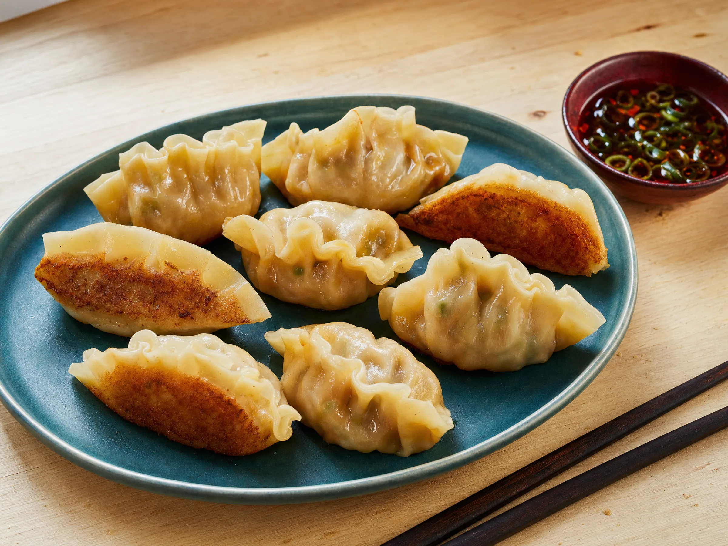 Gyoza mit Schweinefleisch und Kohl aus der Pfanne