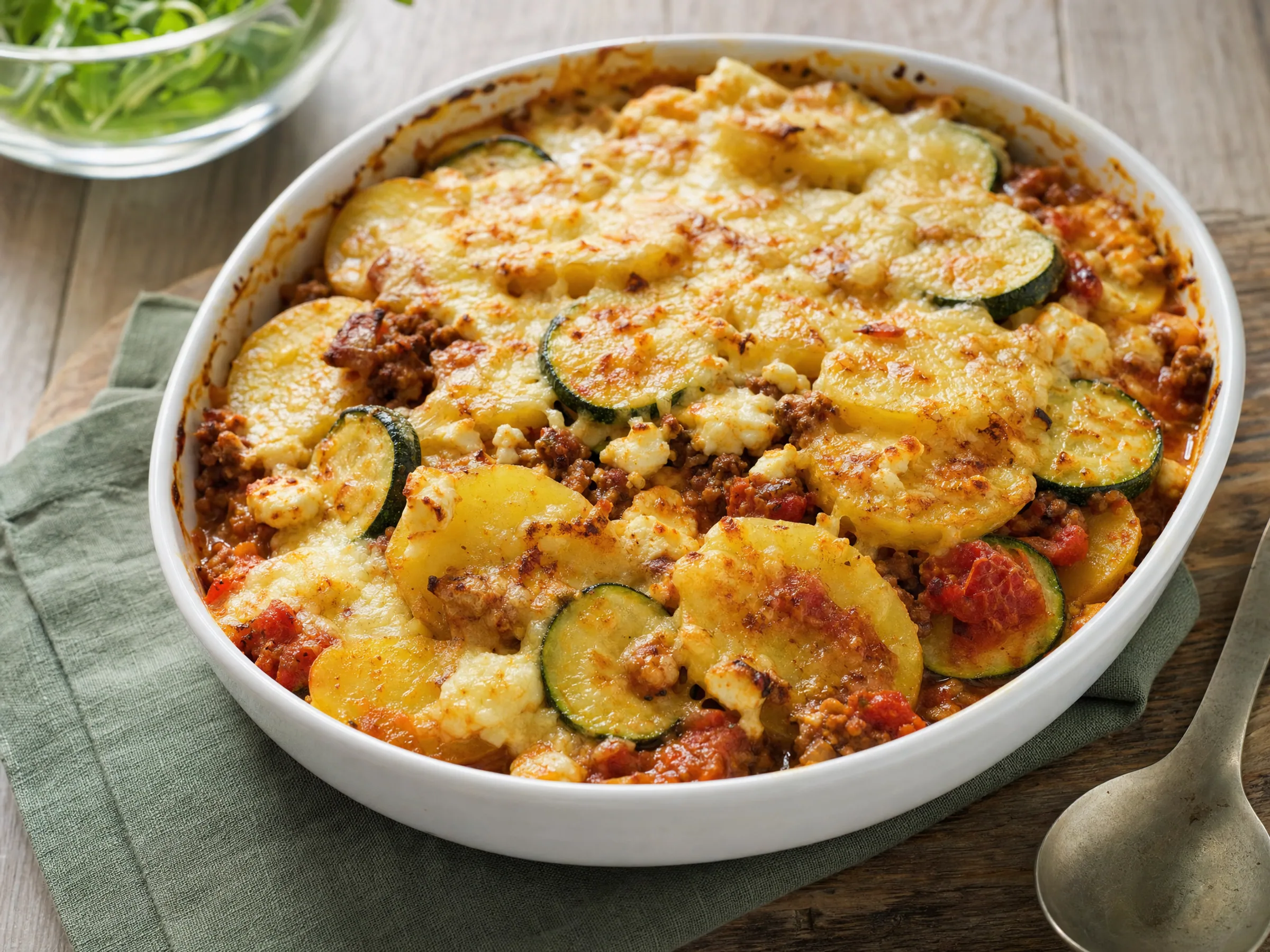 Kartoffel-Hackfleisch-Auflauf mit Zucchini, Feta und Käsekruste