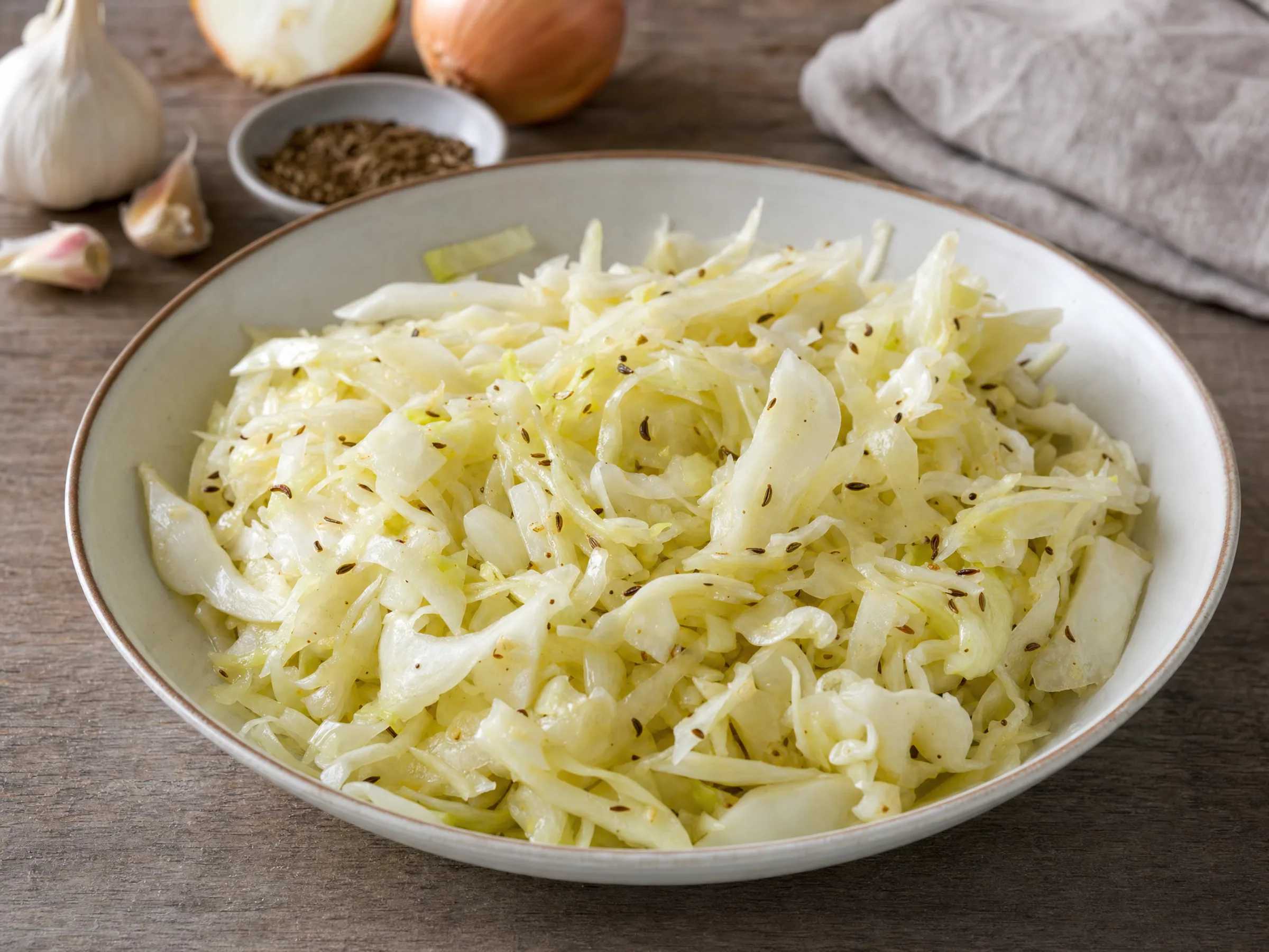 Krautsalat bayrisch – fein gehobelt mit warmem Kümmel-Dressing