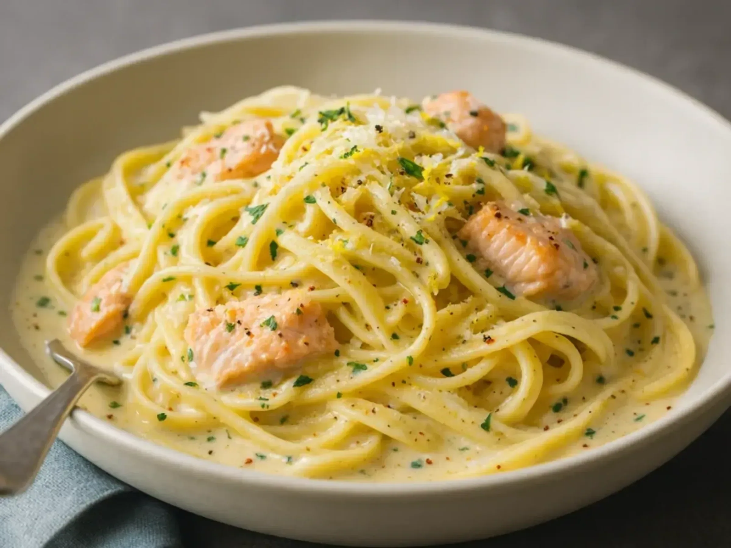 Lachsnudeln in cremiger Zitronen‑Sahnesoße