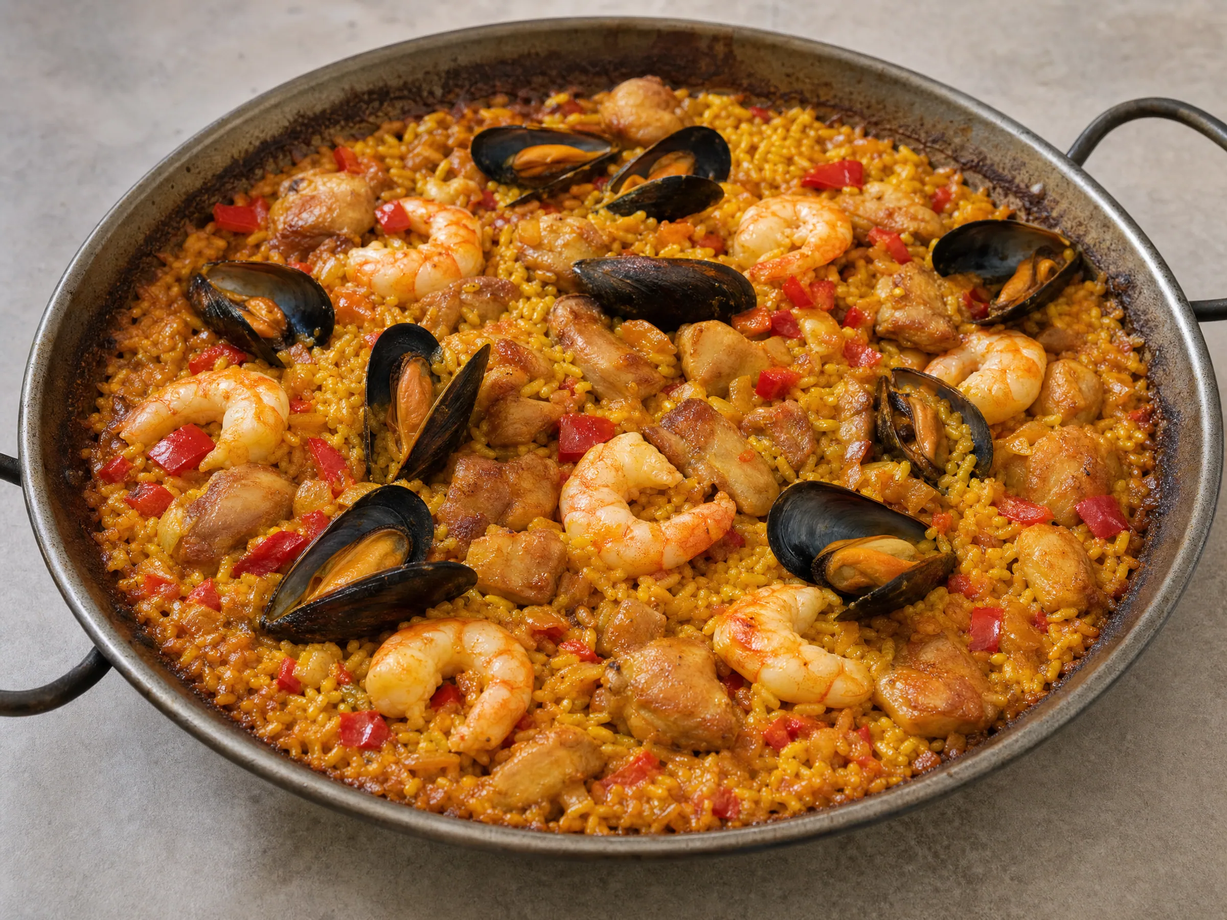 Paella mixta mit Hähnchen, Garnelen und Muscheln
