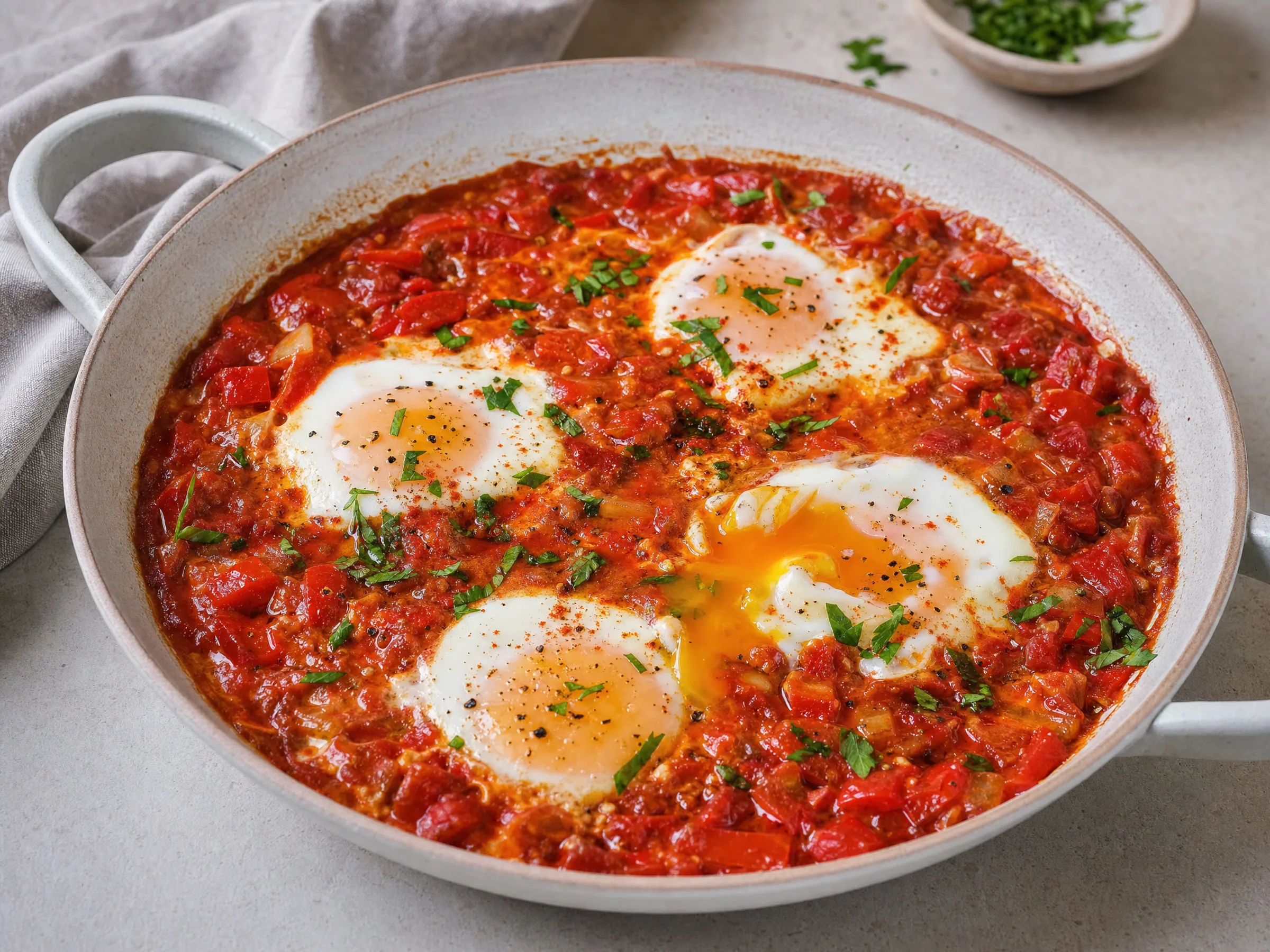 Shakshuka mit Tomaten-Paprika-Sauce und cremigem Eigelb