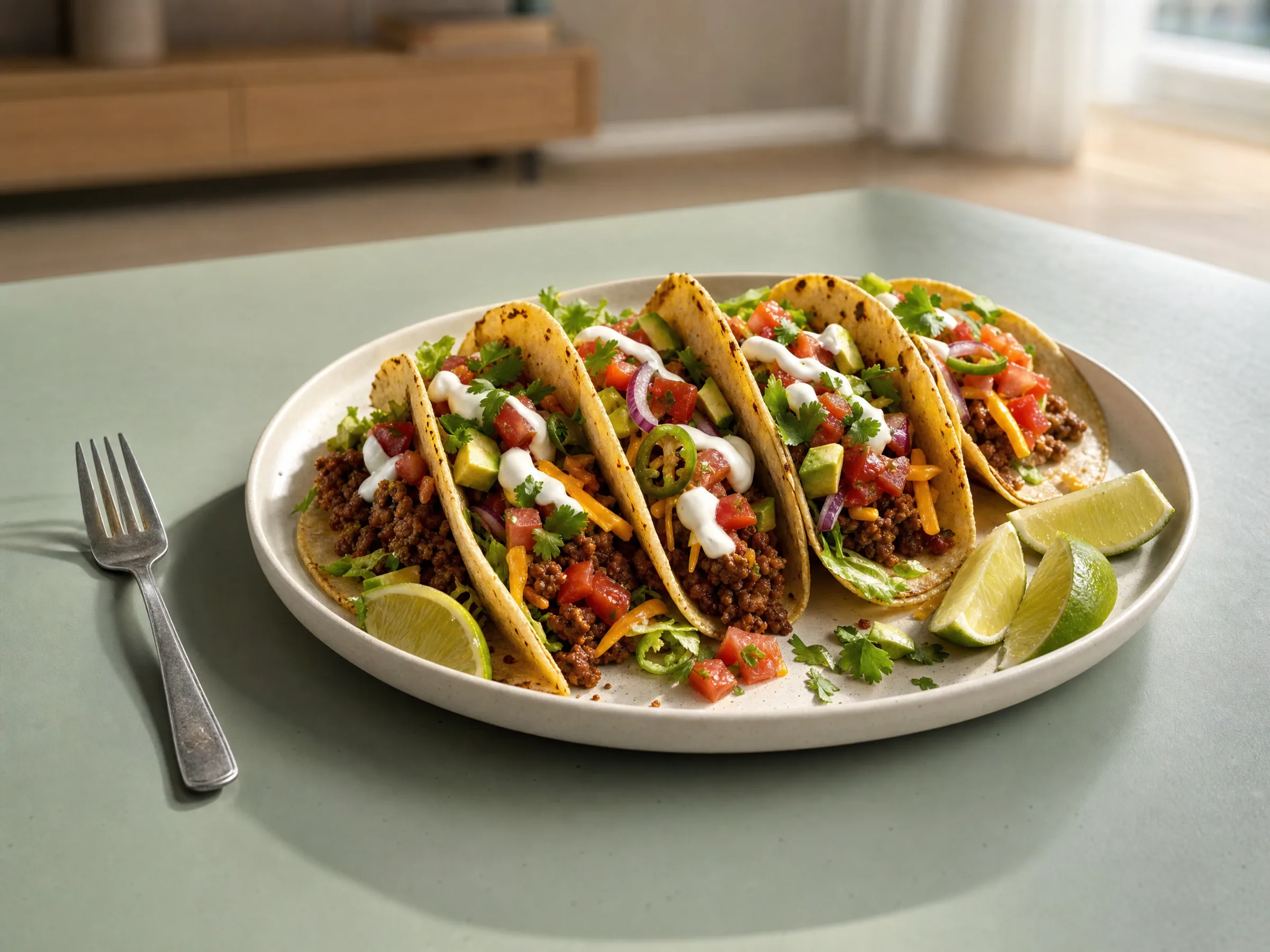 Tacos mit Hackfleisch, Salsa und Limetten-Schmand