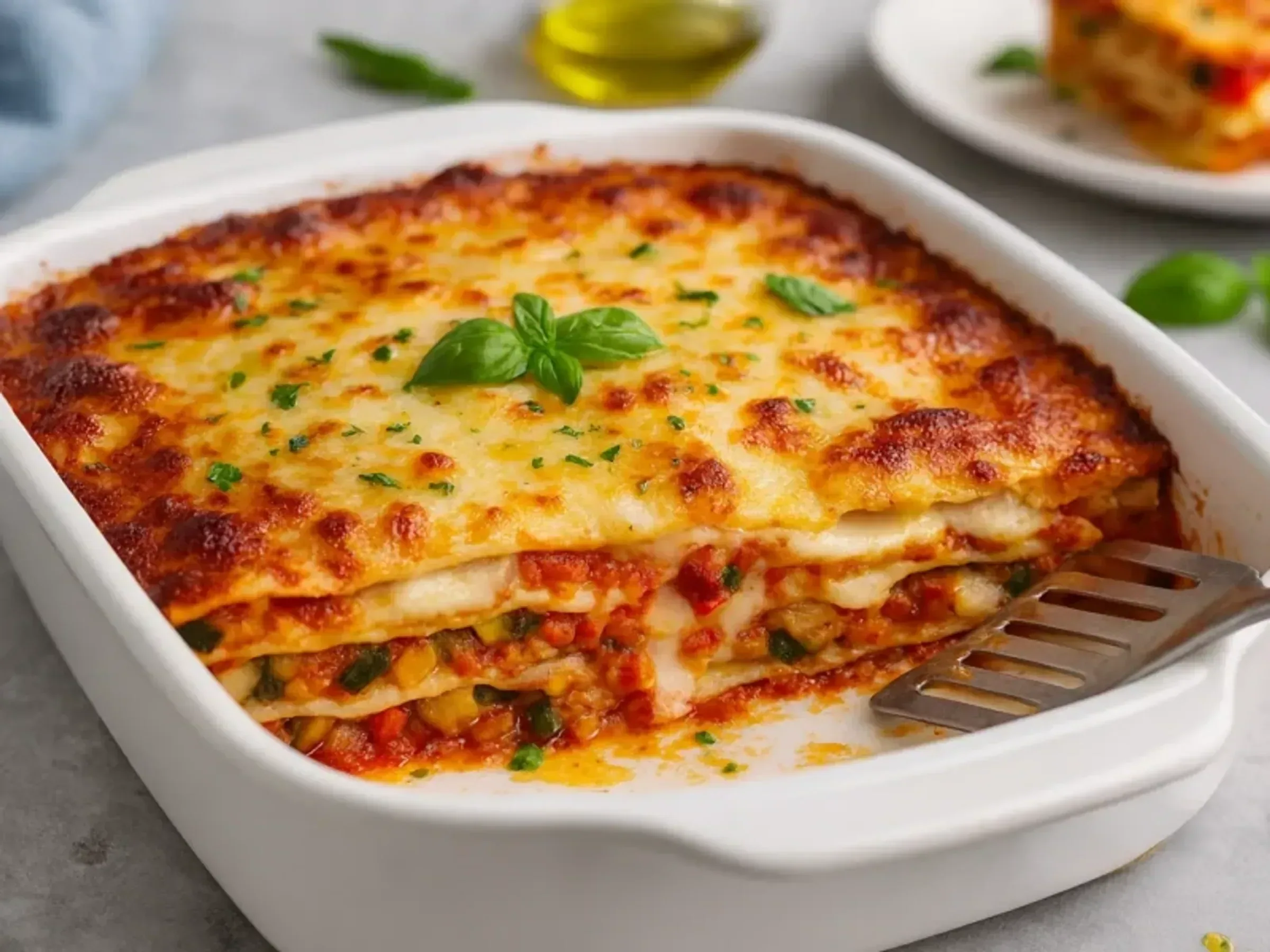 Vegetarische Lasagne mit Gemüse, Tomatensauce und Béchamel