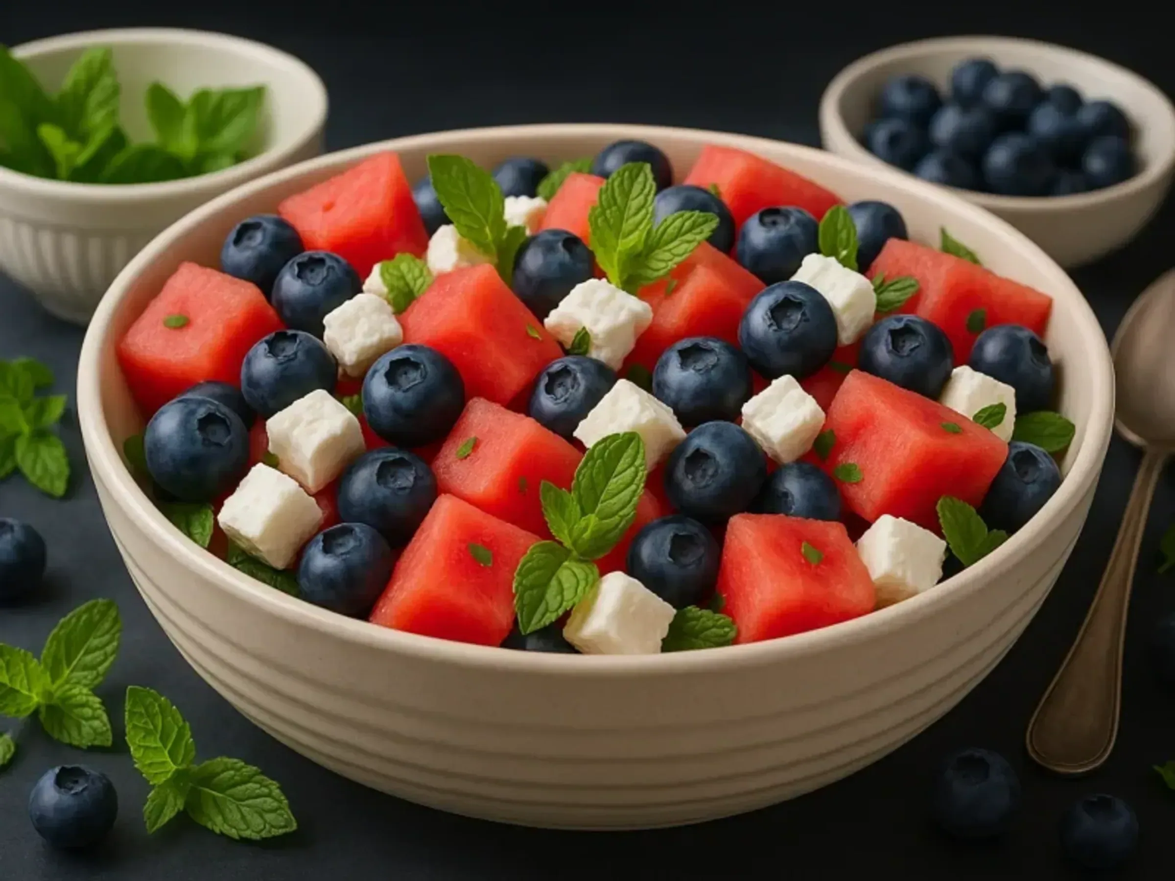 Wassermelonen Feta Salat mit Blaubeeren