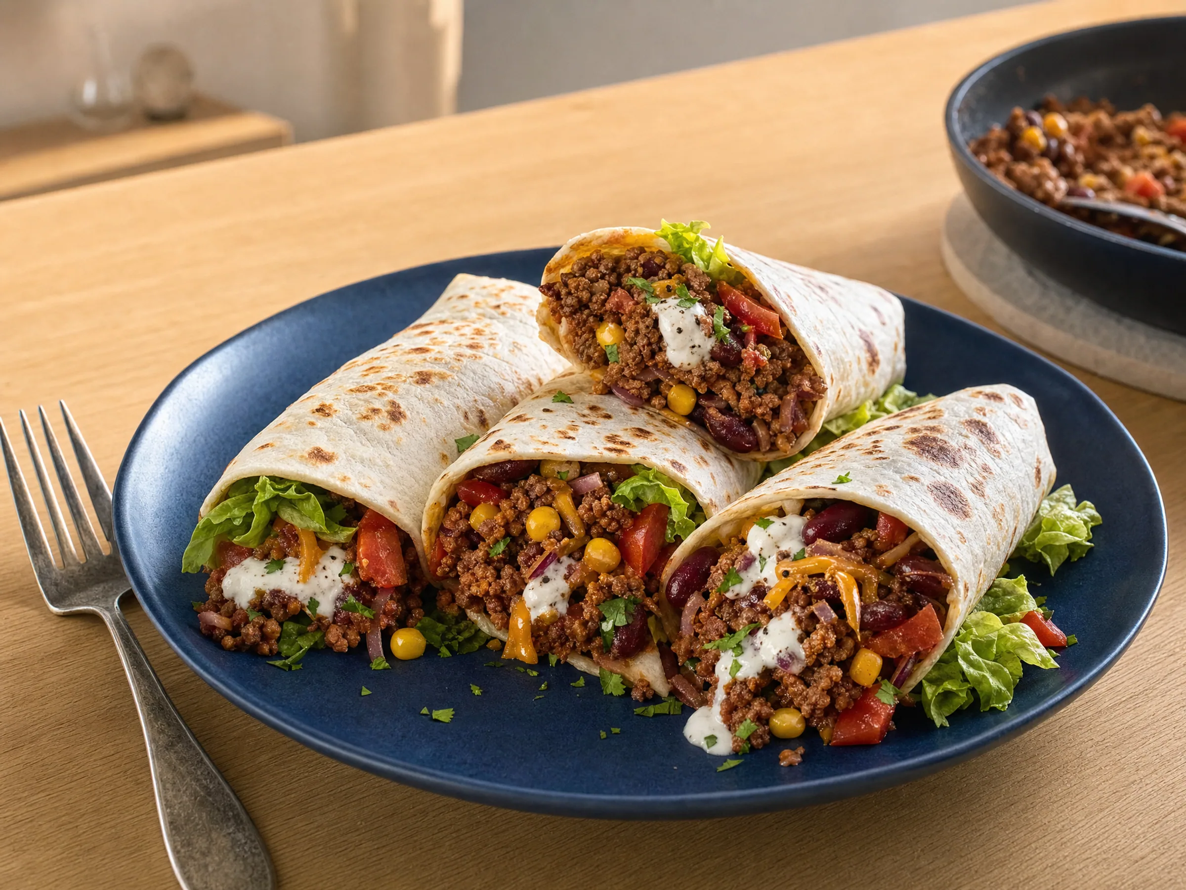 Wraps mit Hackfleisch und weichen Tortillas aus der Pfanne